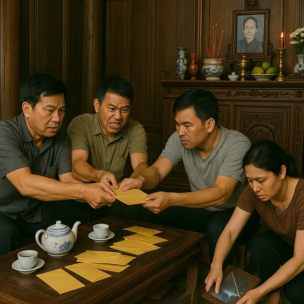 Giỗ 49 ngày của bà cụ, 3 cậu con trai cãi nhau o-m x/òm vụ chia phong bì, đúng lúc giằng co nhau chiếc phong bì cuối cùng,
