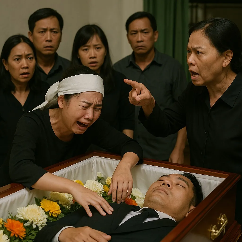 Người phụ nữ đi vào nhìn mặt chồng lần cuối trước khi đóng qua-n t/ài, cô quỳ trước li-nh cữ/u khóc lặng nhưng tay lé-n móc