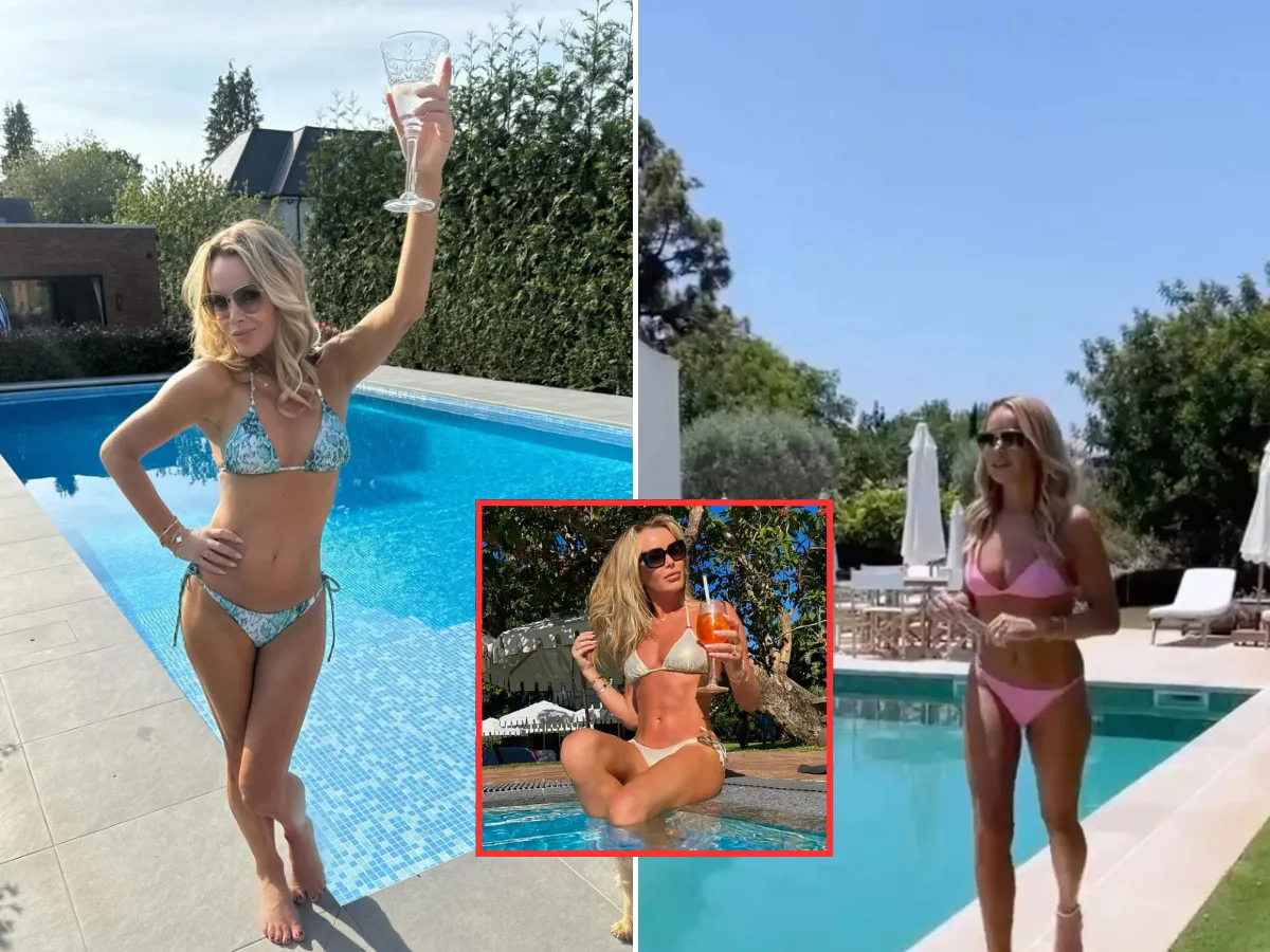 Amanda Holden, 54, looks amazing as she strips down to tiny pink bikini as she struts around a pool in Mallorca