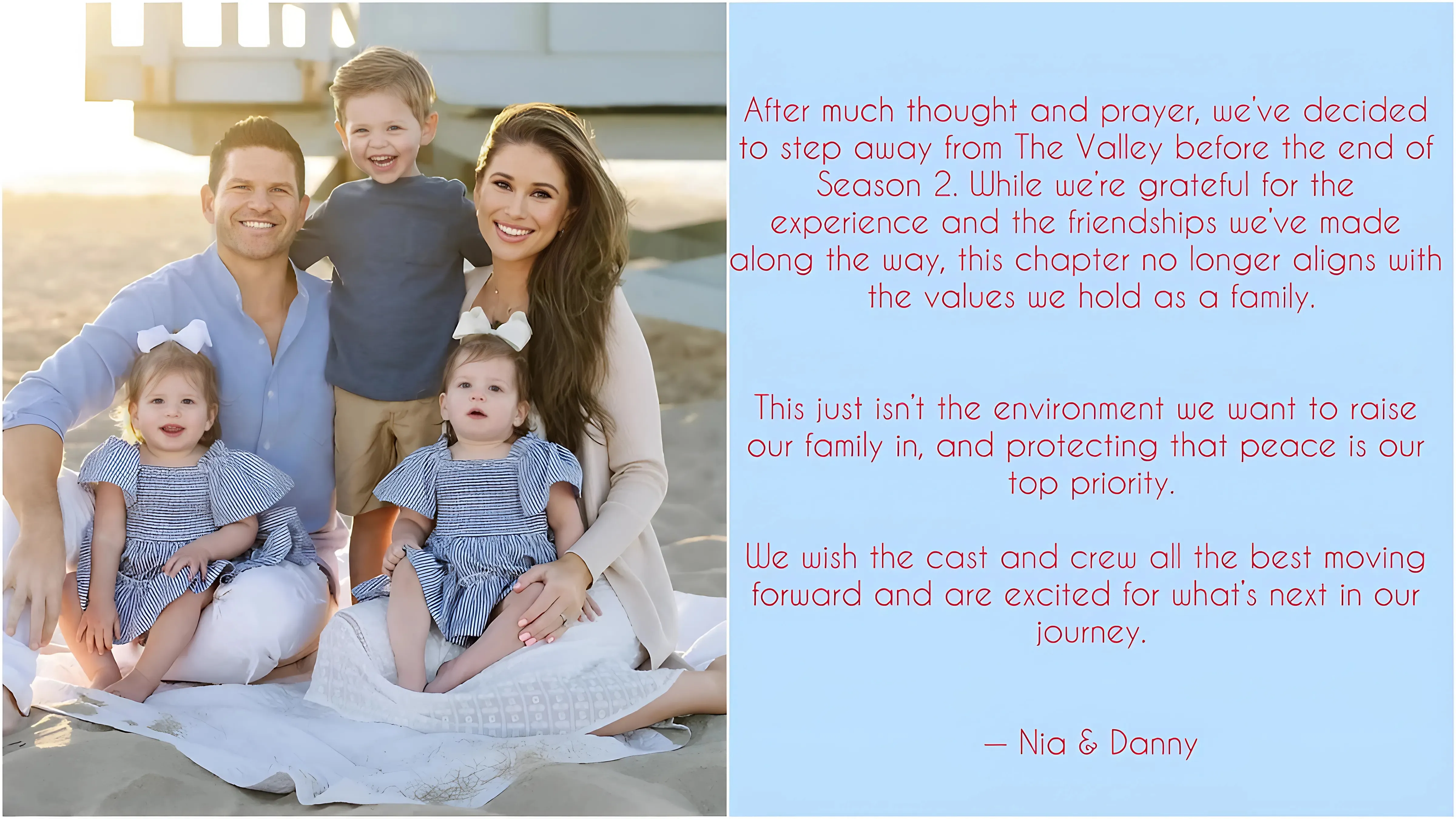 Nia Sanchez and Danny Booko Announce Their Departure from The Valley: “This just isn’t the environment we want to raise our family in.”