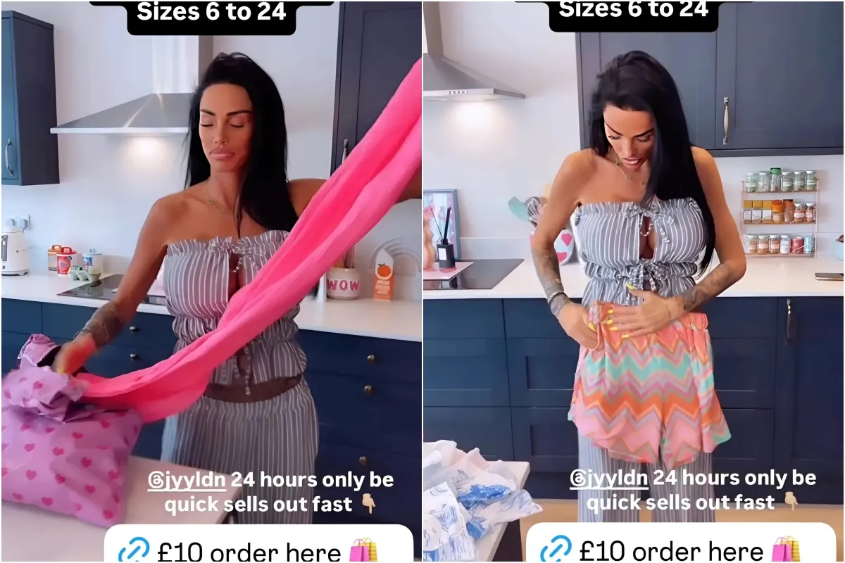 Katie Price shows off huge boobs and tiny waist as she flogs clothes online after ad gets banned for ngocc