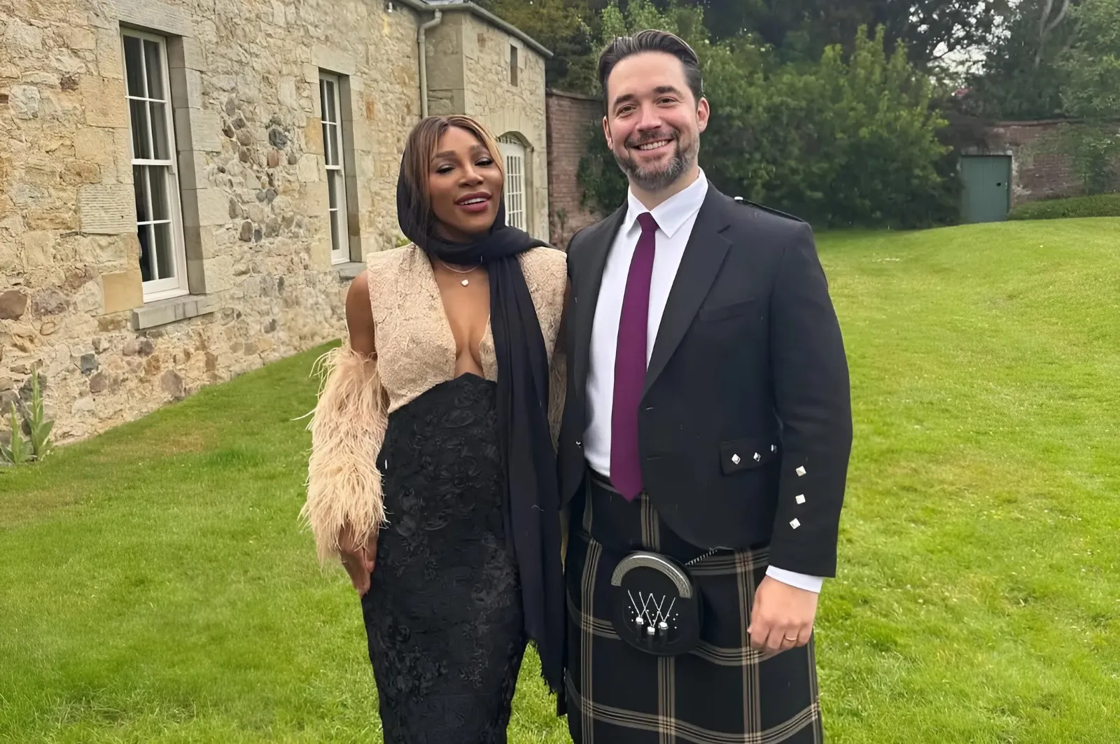 Serena Williams attends Scottish wedding with husband dressed in kilt