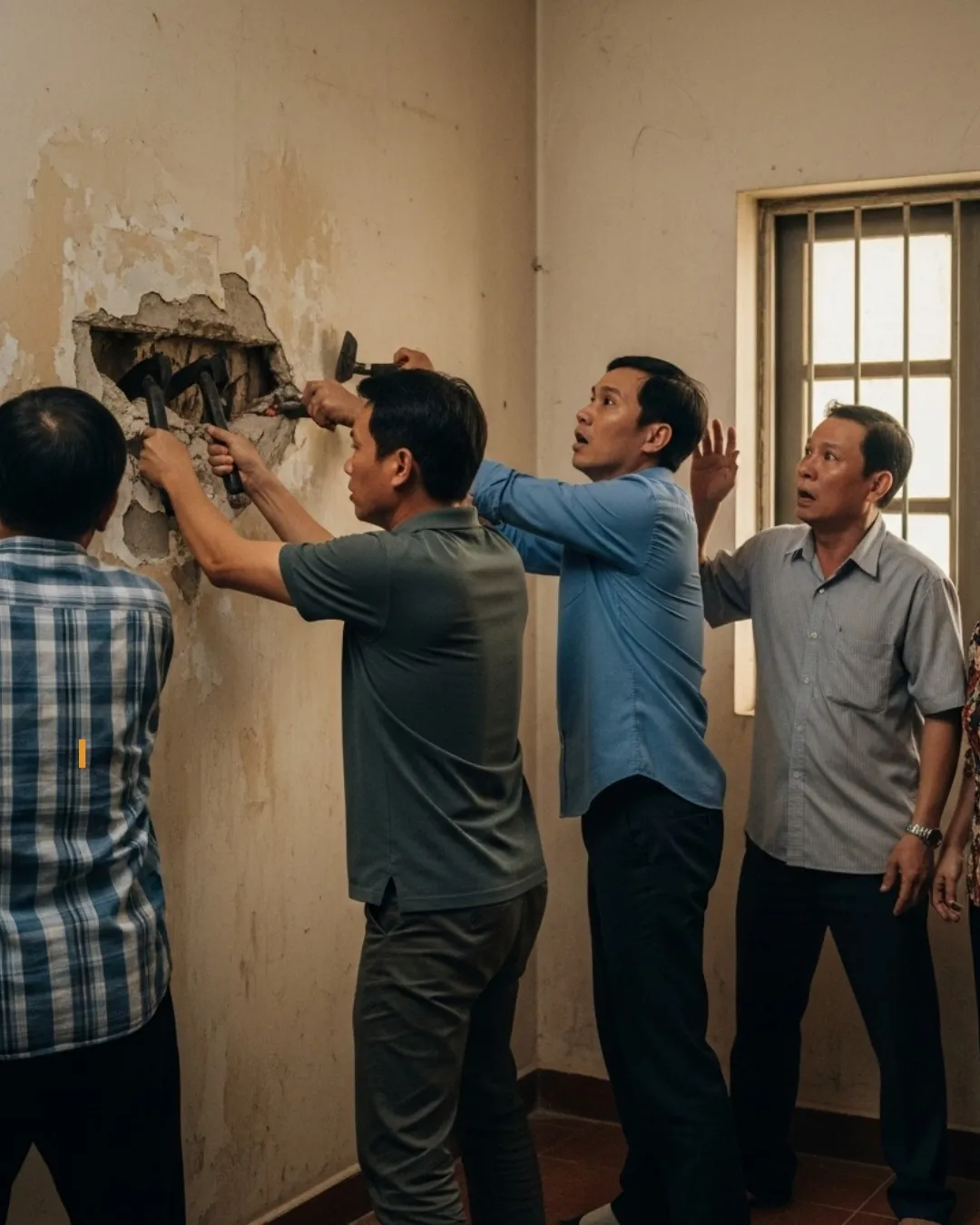 Tùng kiểm tra khắp nơi: dưới gầm giường, trong tủ bếp, thậm chí lật cả thảm lên, không có dấu vết của chuột hay bất kỳ thứ gì bất thường