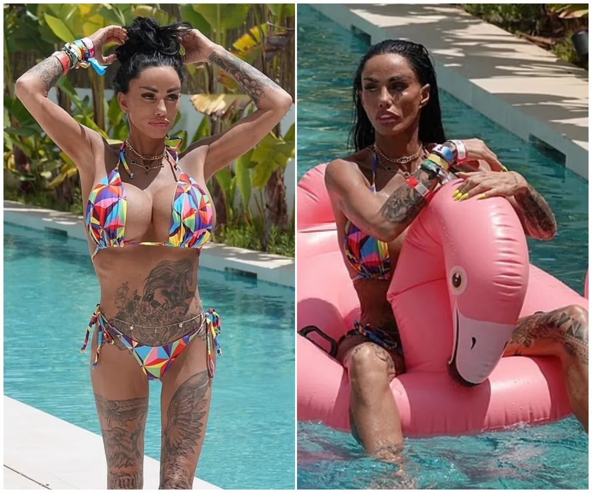 “It was so painful – and it didn’t look right on me” – Katie Price flaunts results of her botched BBL in microscopic rainbow bikini during wild Ibiza pool day after sparking concern over drastic weight loss and shocking plastic surgery confession - suong