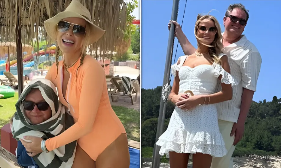 Amanda Holden looks incredible in a plunging swimsuit as she larks around with Alan Carr in Corfu
