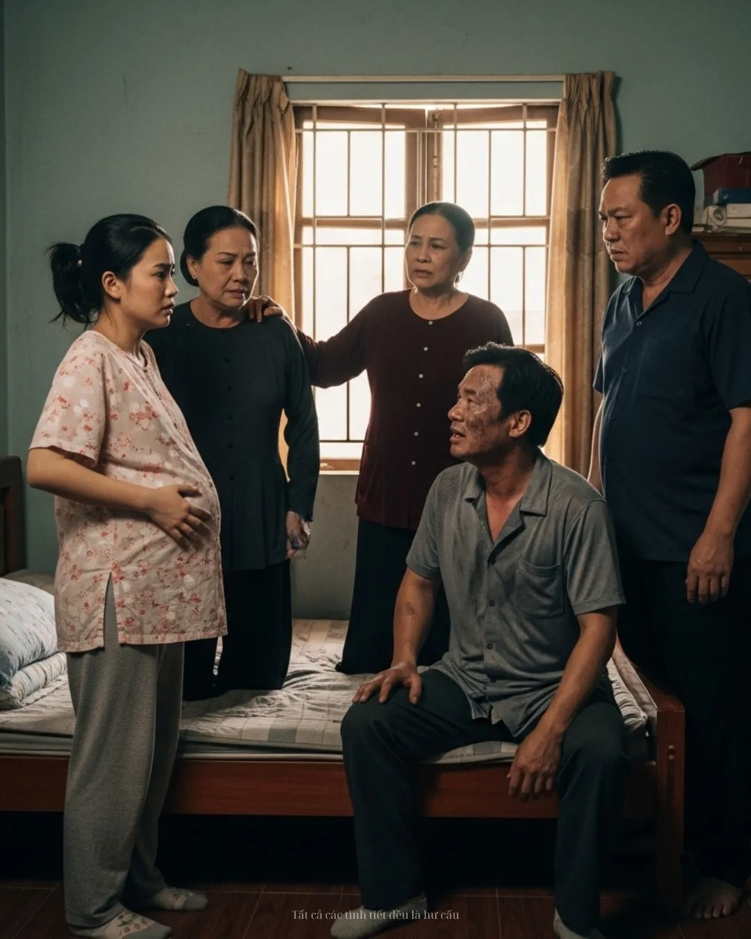 Cửa phòng bật mở, Kiên bước vào, mùi rượu nồng nặc, đôi mắt cậu ta đỏ ngầu, nụ cười méo mó