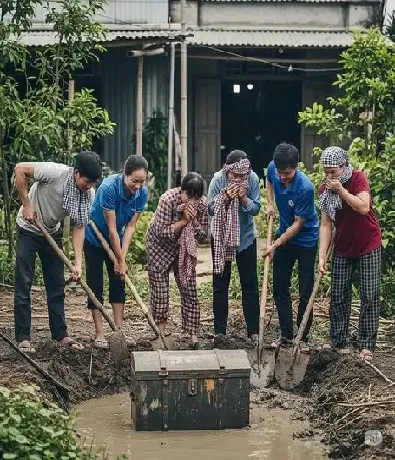 Cả đội thợ đào ao sau nhà cho ông Năm, chuông đồng hồ vừa điểm 11:11, mặt đất bỗng lún nhẹ xuống một đoạn, một chiếc rương gỗ nổi lên, nhưng khoan, nó có mùi lạ