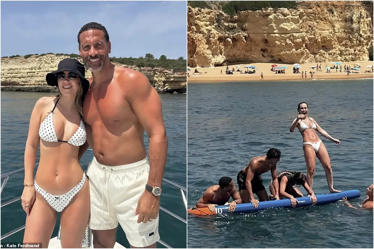 Kate Ferdinand flaunts her incredible figure in a white spotted bikini as she and husband Rio enjoy 'fabulous' yacht day on sunny break to Portugal ngocc