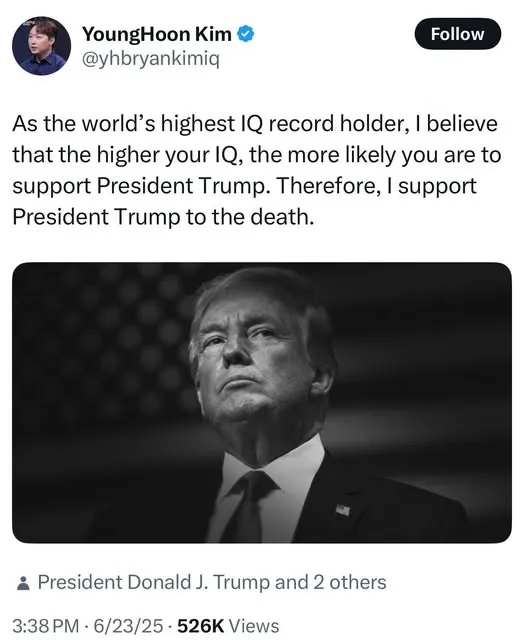 World’s Top IQ Record Holder Declares Full Support for President Trump