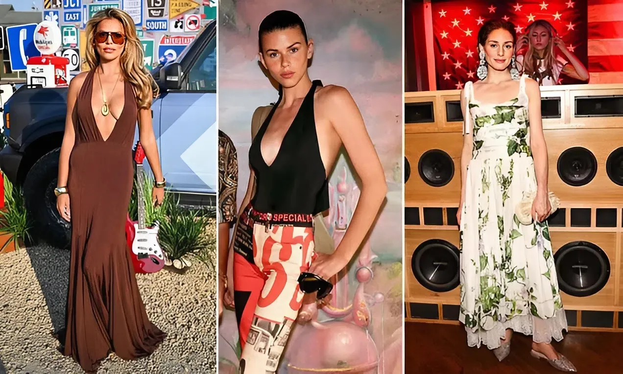Brooks Nader showcases her jaw-dropping figure in plunging brown dress as she joins stylish Georgia Fowler and Olivia Palermo at fashion event in New York