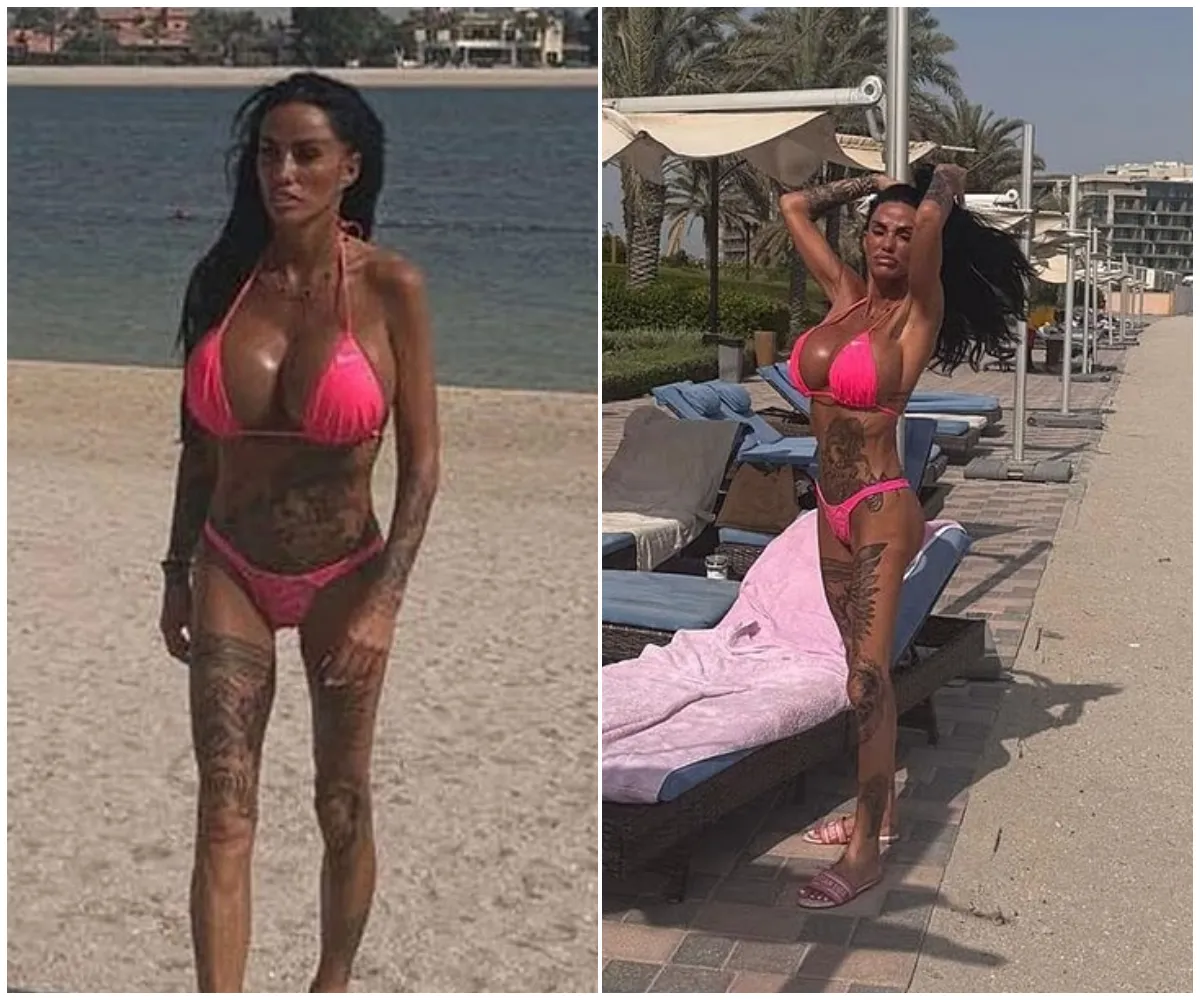 ‘This is what I weigh’ – Katie Price flaunts her curves in hot pink bikini as she struts across Dubai beach just 24 hours after flight chaos and Middle East warning, leaving fans stunned by her shrinking frame and solo getaway timing - suong