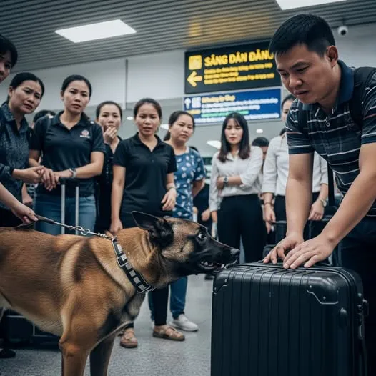 Mọi việc tưởng chừng suôn sẻ cho đến khi Xám bất ngờ khựng lại, nó quay ngoắt, chồm tới chiếc vali màu bạc của một hành khách người Trung Quốc