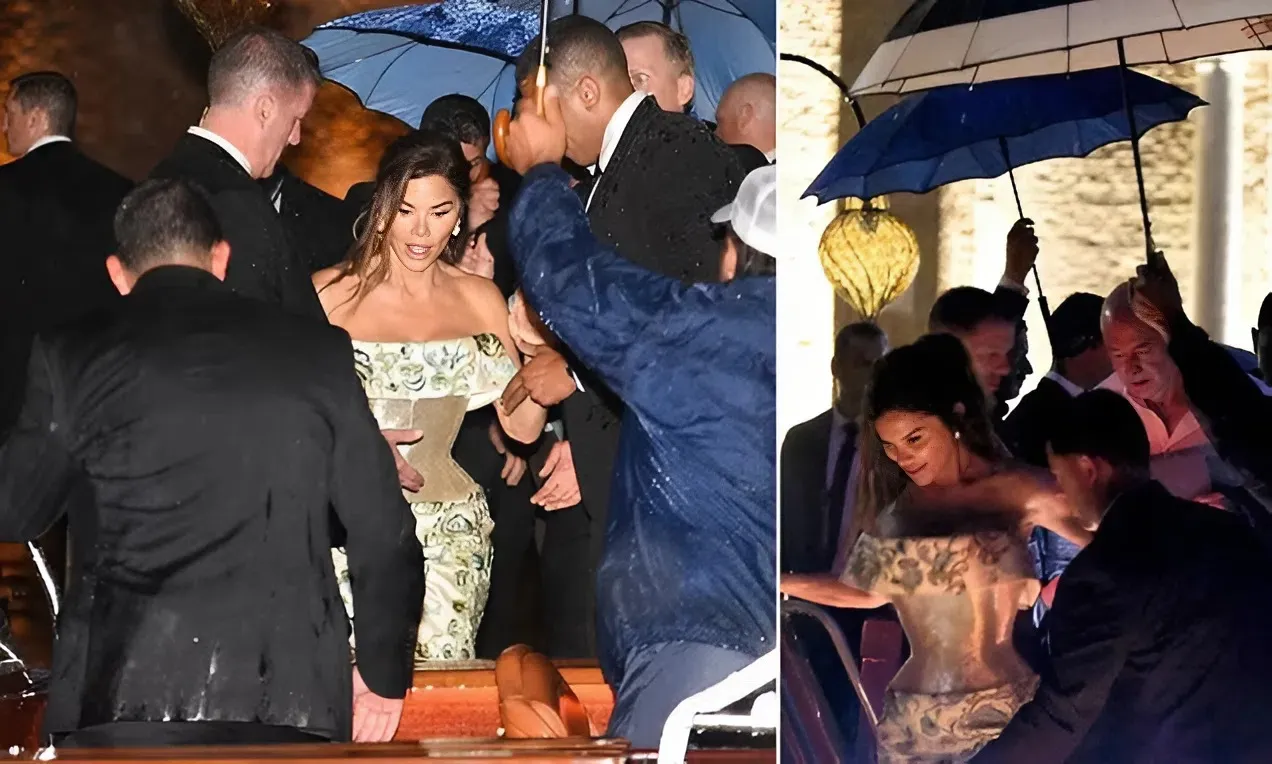 Lauren Sanchez and Jeff Bezos' A-list guests run for cover as pre-wedding party is hit by huge freak thunderstorm