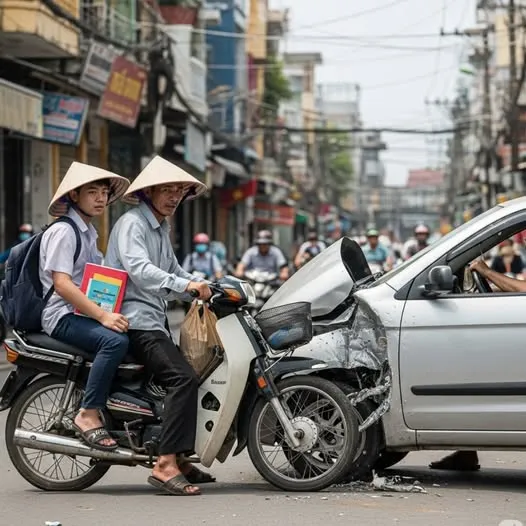 Ông Hùng phanh g ấp, nhưng không kịp “rầm” đ ầu xe máy đ ập vào đuôi ô tô, tạo một v ết xước dài