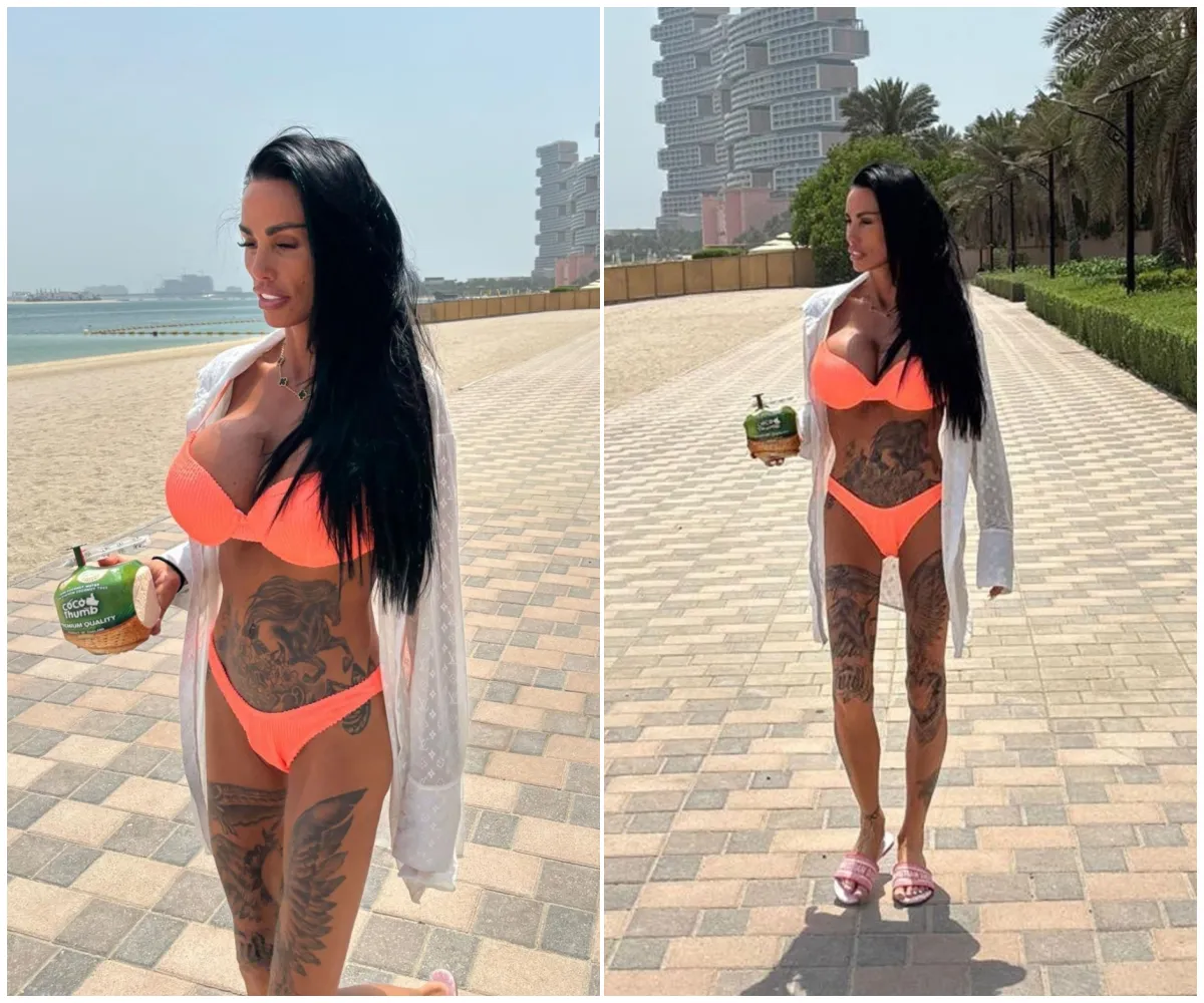‘Late night sunbathing in Dubai was something else’ – Katie Price almost spills out of tiny orange bikini as she flaunts tattoos and curves in 40C heat just days after partying with Conor McGregor and revealing plans for baby number six - suong
