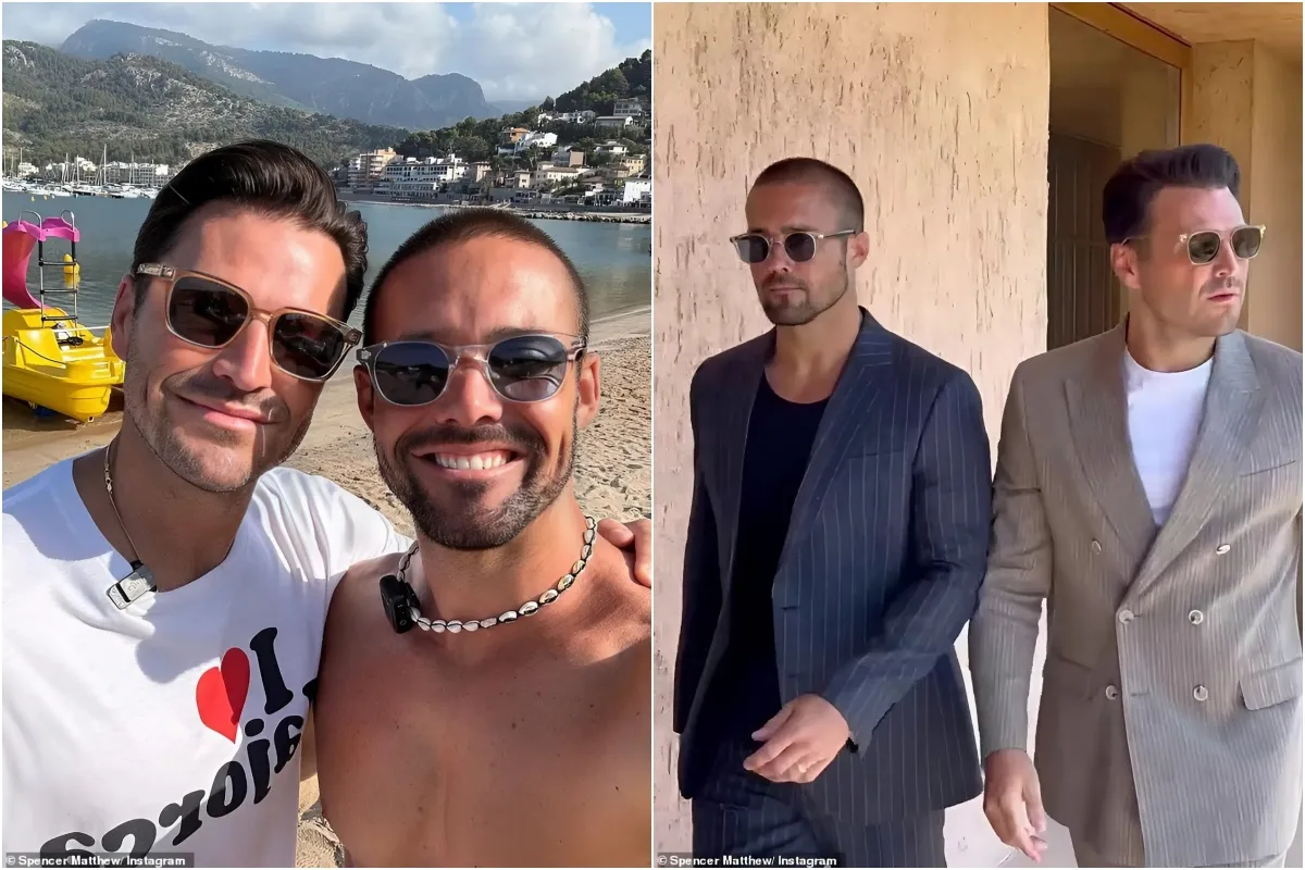 Shirtless Spencer Matthews and Mark Wright soak up the sun in Palma De Mallorca as they model for a new fashion campaign wearing suits and sandals ngocc