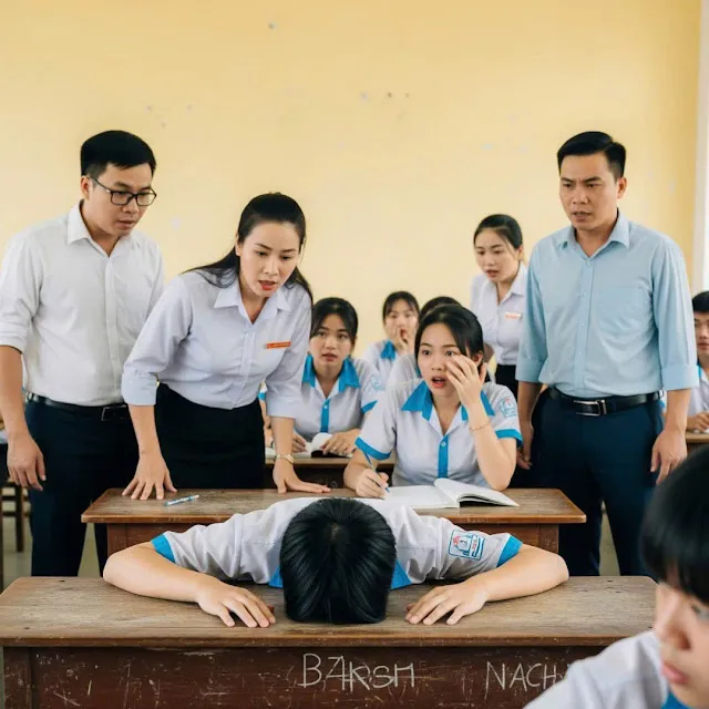Chỉ mười lăm phút sau khi giám thị phát đề, Nam đột ngột dừng bút, em gục đầu xuống bàn, không hoảng loạn