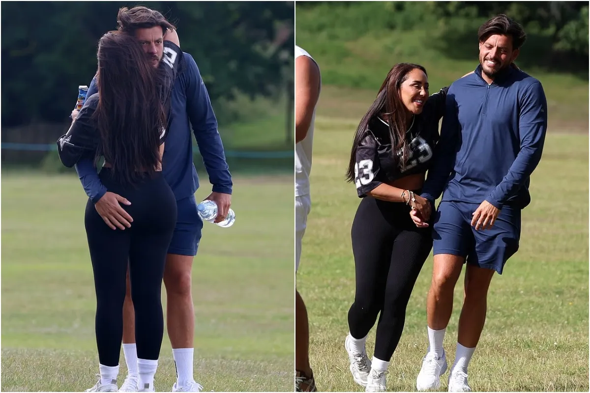 TOWIE's Jordan Brook cheekily squeezes girlfriend Sophie Kasaei's bottom as they pack on the PDA during a sun-soaked game of rounders while filming the ITV show in Essex ngocc