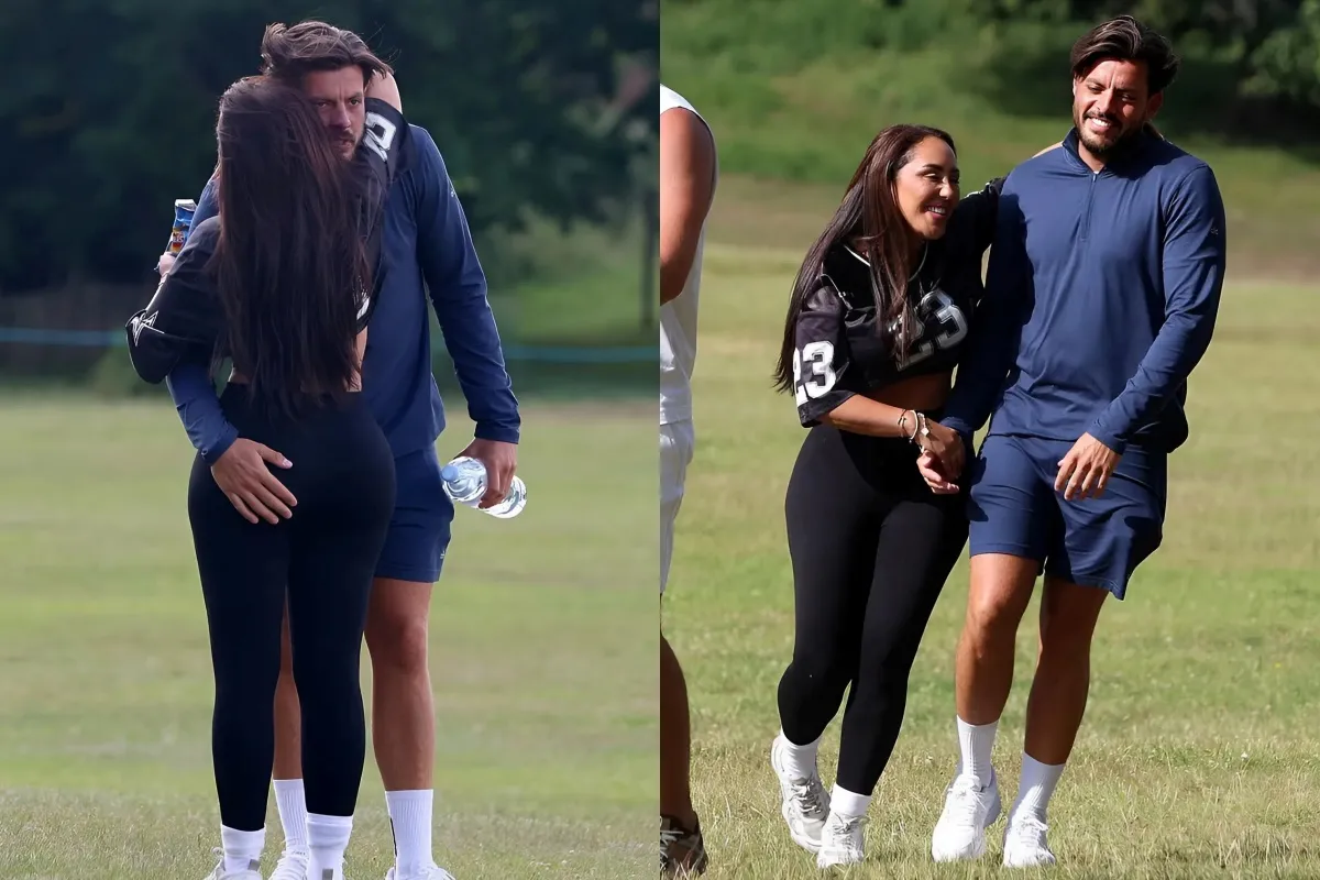 TOWIE's Jordan Brook cheekily squeezes girlfriend Sophie Kasaei's bottom as they pack on the PDA during a sun-soaked game of rounders while filming the ITV show in Essex liennhi