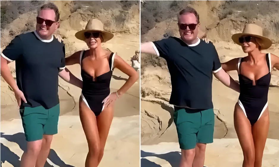 Amanda Holden, 54, sizzles in a plunging swimsuit as she shows off her age-defying figure whilst joking around with Alan Carr in Greece