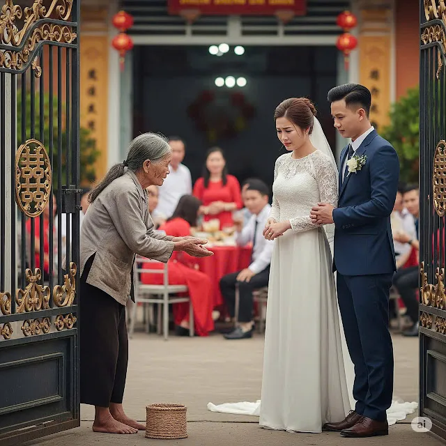 Cụ bà đứng nép bên cạnh đám cưới chỉ để xin 1 cốc nước lọc,