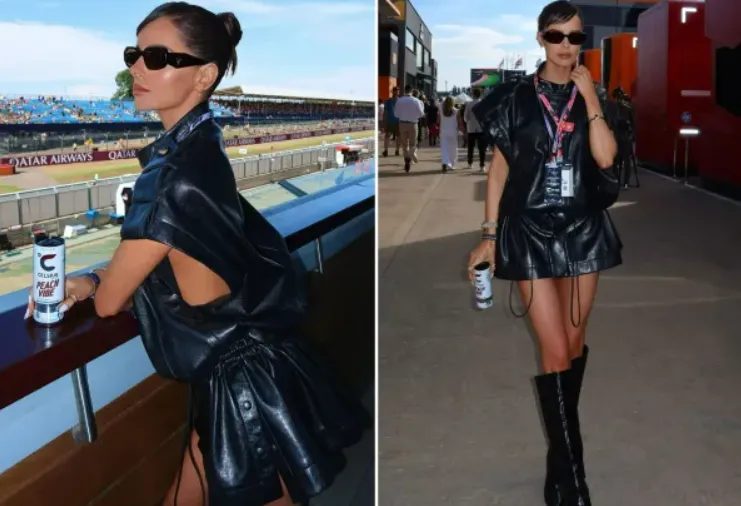 Maura Higgins cuts a stylish figure in a leather dress as she attends the British Grand Prix