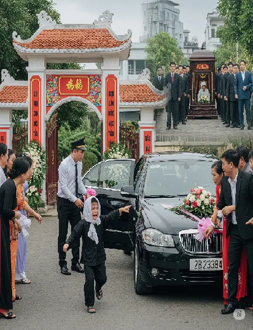 Xe hoa vừa dừng lại trước cổng tạp cưới, thì từ đám t-ang nhà hàng xóm bên cạnh có đứa trẻ 8 tuổi đeo tang chạy tới chỉ vào chiếc xe hoa rồi khóc thét lên