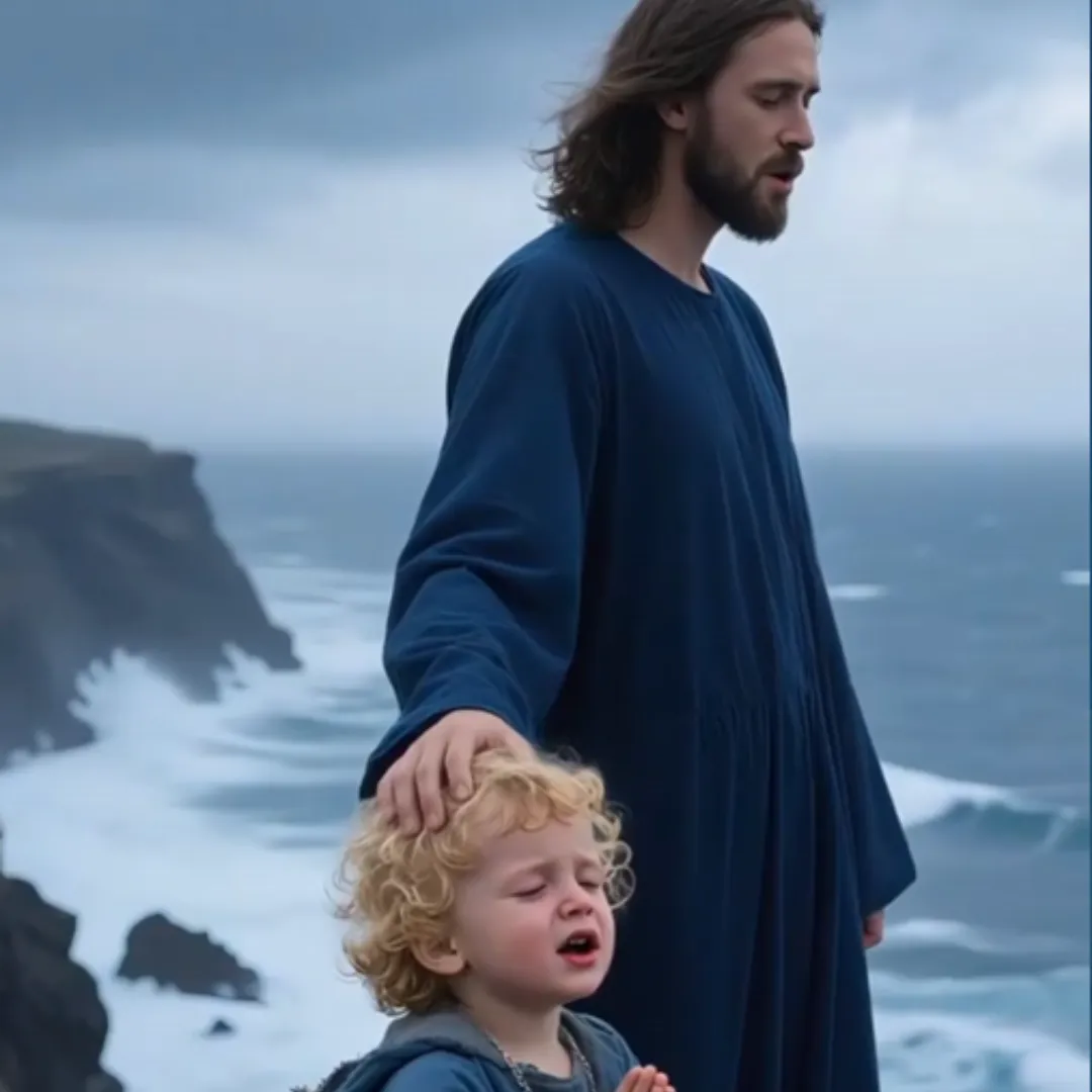 A Small Child Kneels on the Cliffside and Finds Peace in the Hand of Jesus