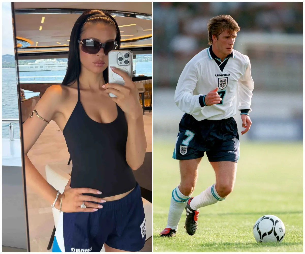 “Go for it” – Brooklyn Beckham’s wife Nicola Peltz appears to send a bold message to father-in-law David as she poses in his iconic 1996 England kit amid deepening family feud and Harper’s birthday snub - suong