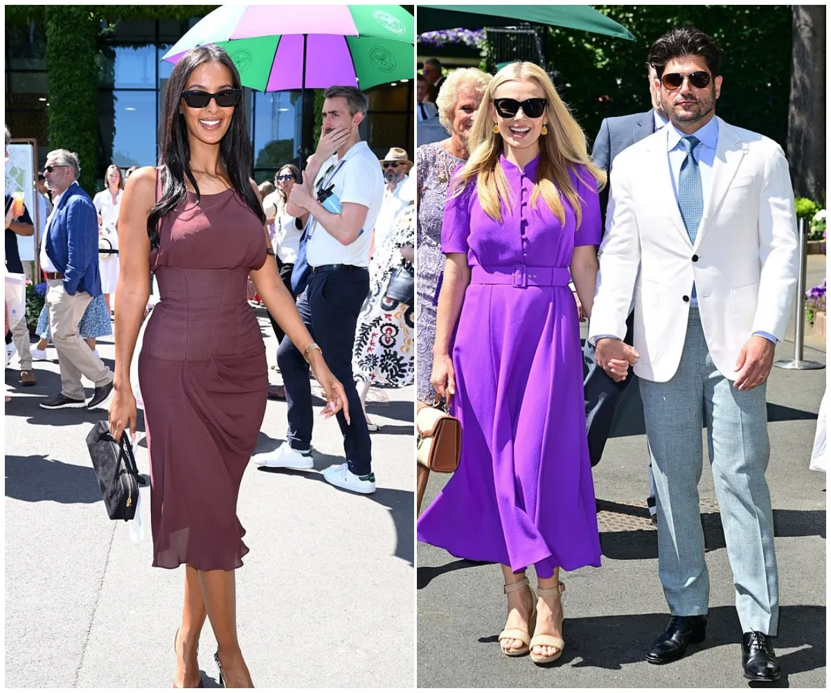 Maya Jama stuns in a figure-hugging burgundy dress as she leads star-studded day at Wimbledon with Katherine Jenkins and Hayley Atwell – while Cara Delevingne is caught sneaking a secret kiss with mystery woman in the crowd - suong