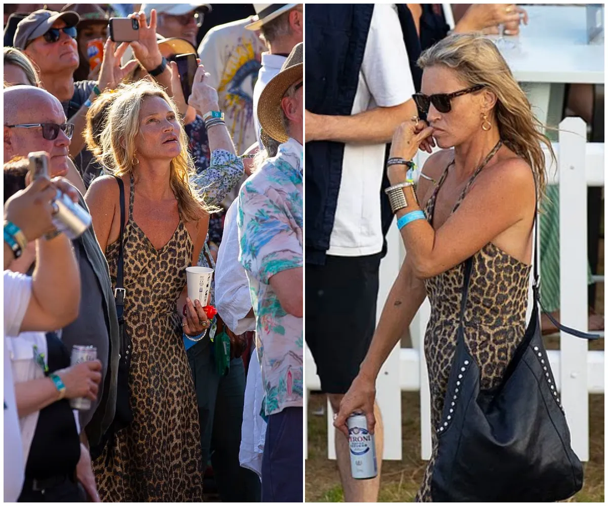“The Tank” returns? Kate Moss, 51, puffs on a vape and sips a beer during Hyde Park appearance — sparking buzz as the clean-living supermodel lets loose in leopard print while watching Neil Young from the VIP area - suong