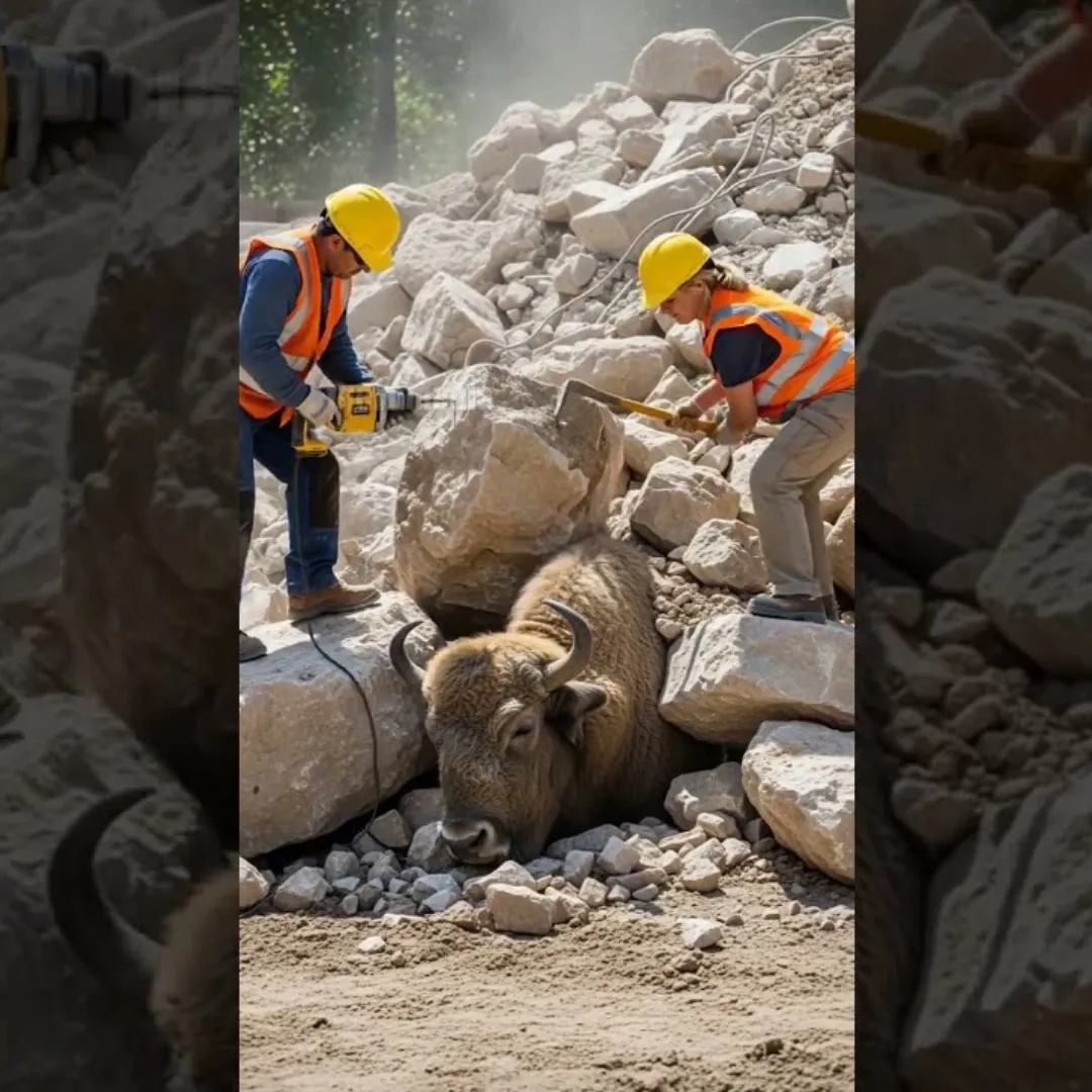 Tiny Bison Calf Runs to Construction Crew—And Leads Them to His Trapped Mom