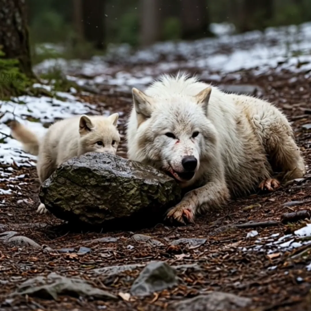 Snow White Wolf’s Life Saved by Her Brave Cub and an Unexpected Hero