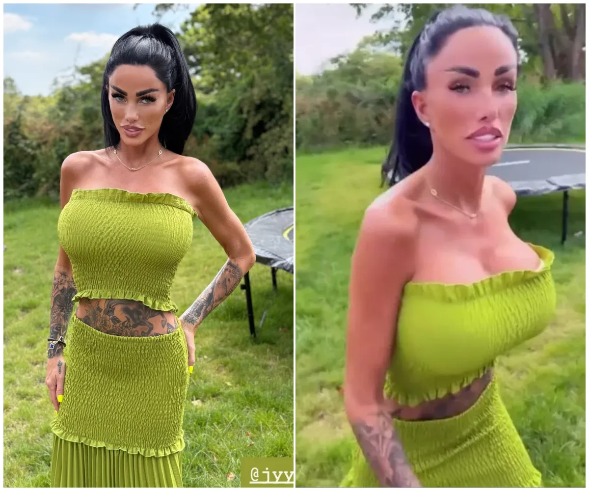 Katie Price flaunts her figure and shows off her £10k facelift looking tighter than ever as she models curve-hugging green two-piece — just months after fixing her ‘pixie ears’ in yet another cosmetic tweak - suong