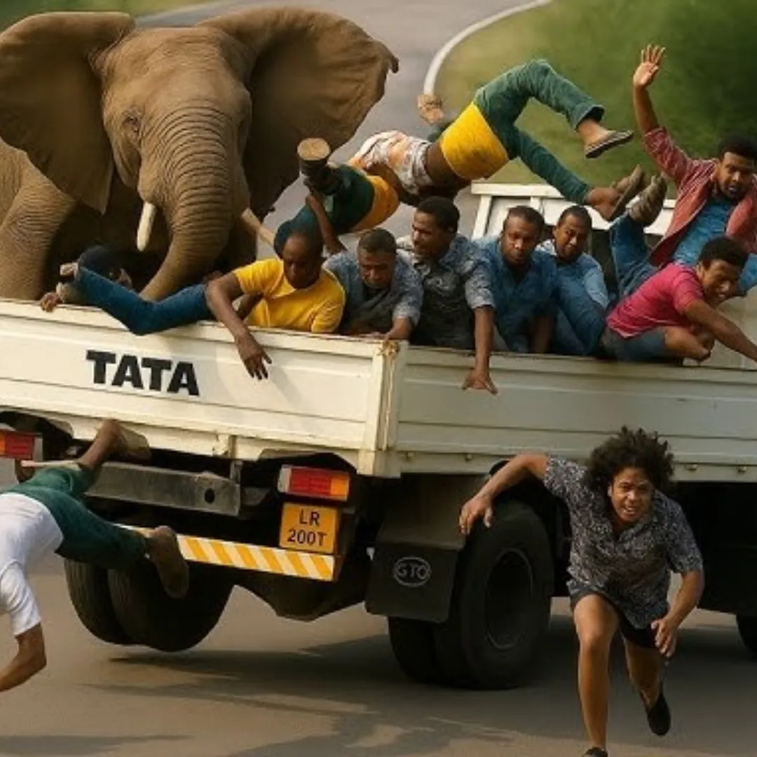 Chaos Meets Courage as an Elephant Confronts a Truck Full of People Racing Through the Wilderness