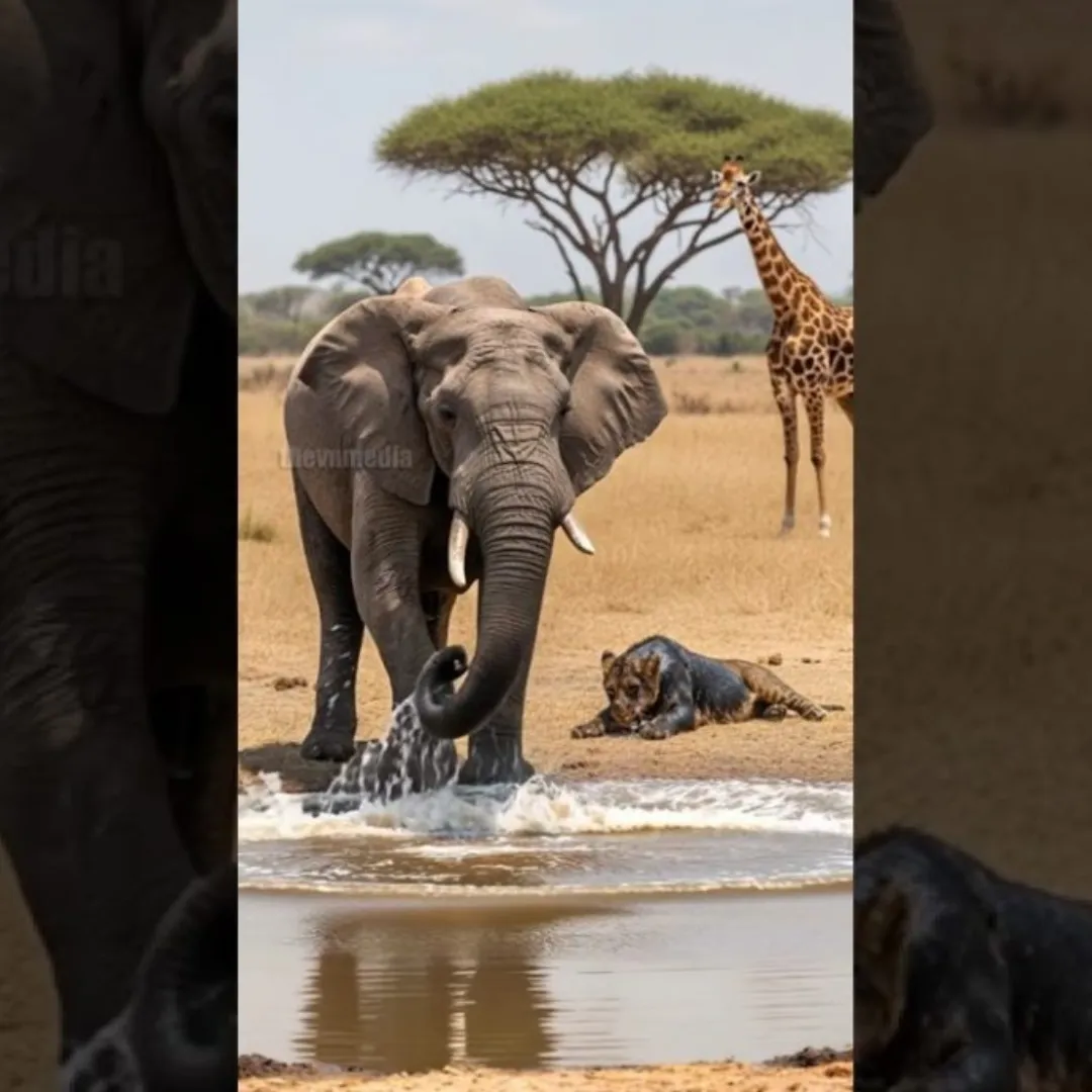 Giraffe and Elephant Work Together to Save Lion Cub, A Moment the World Never Expected