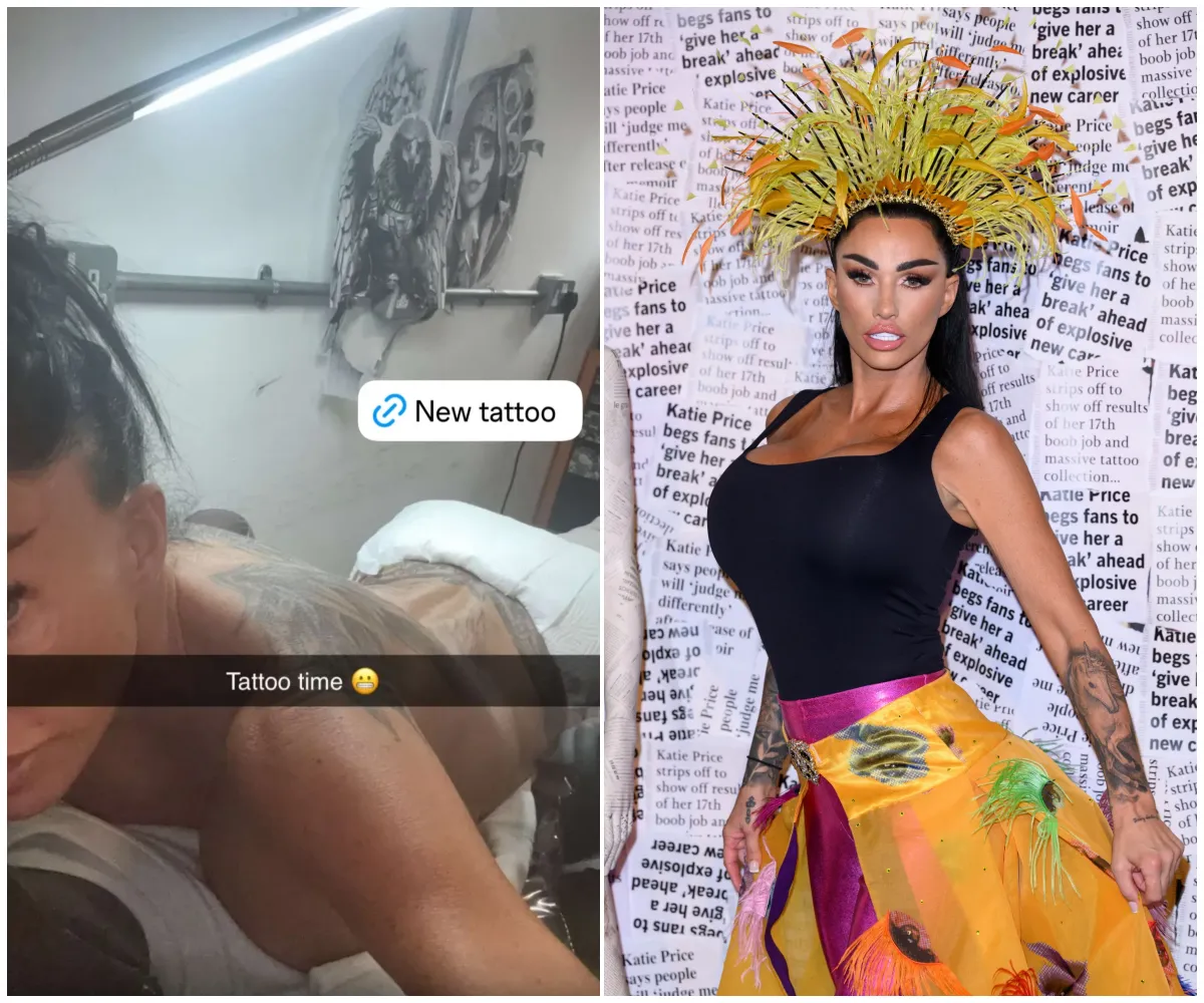 Katie Price strips topless for latest tattoo session as she adds yet another bold inking to her ever-growing body art collection — just months after flaunting her angel wings and unicorn tattoo in Ibiza - suong