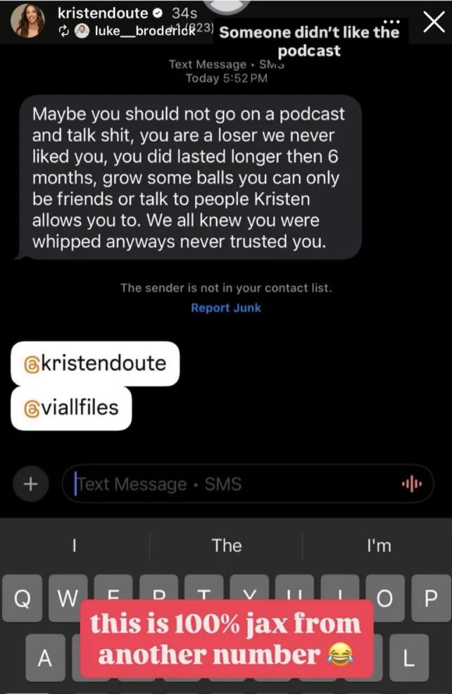 PHOTO: Kristen Doute Leaks Alleged Text From Jax Taylor Via an Unknown Number Trashing Fiancé Luke After Rehab Comment