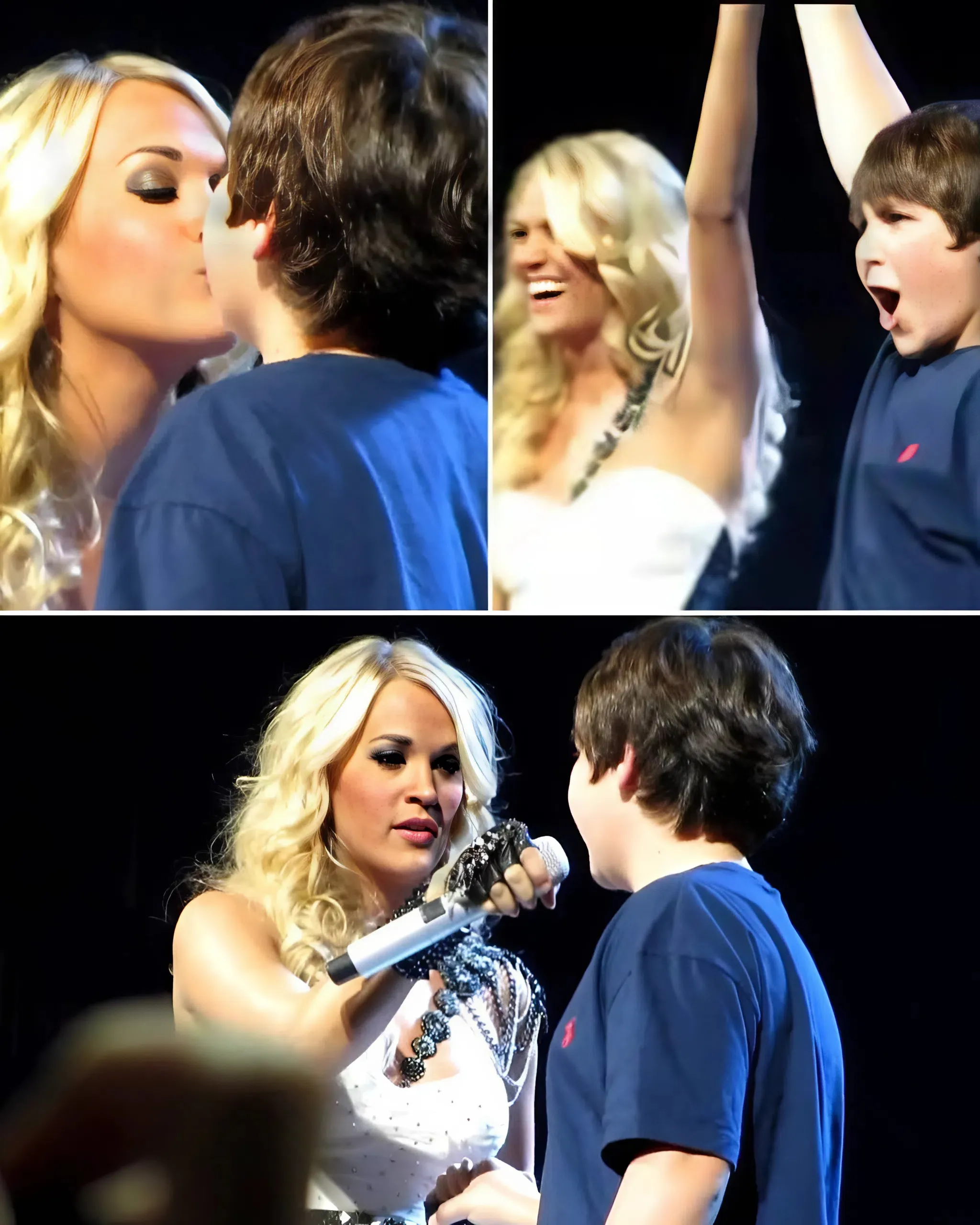 “He Asked, and She Said Yes” — Carrie Underwood Stuns the Louisville Crowd When a Young Fan’s Bold Sign Leads to a Sweet Onstage Kiss and an Unforgettable Moment