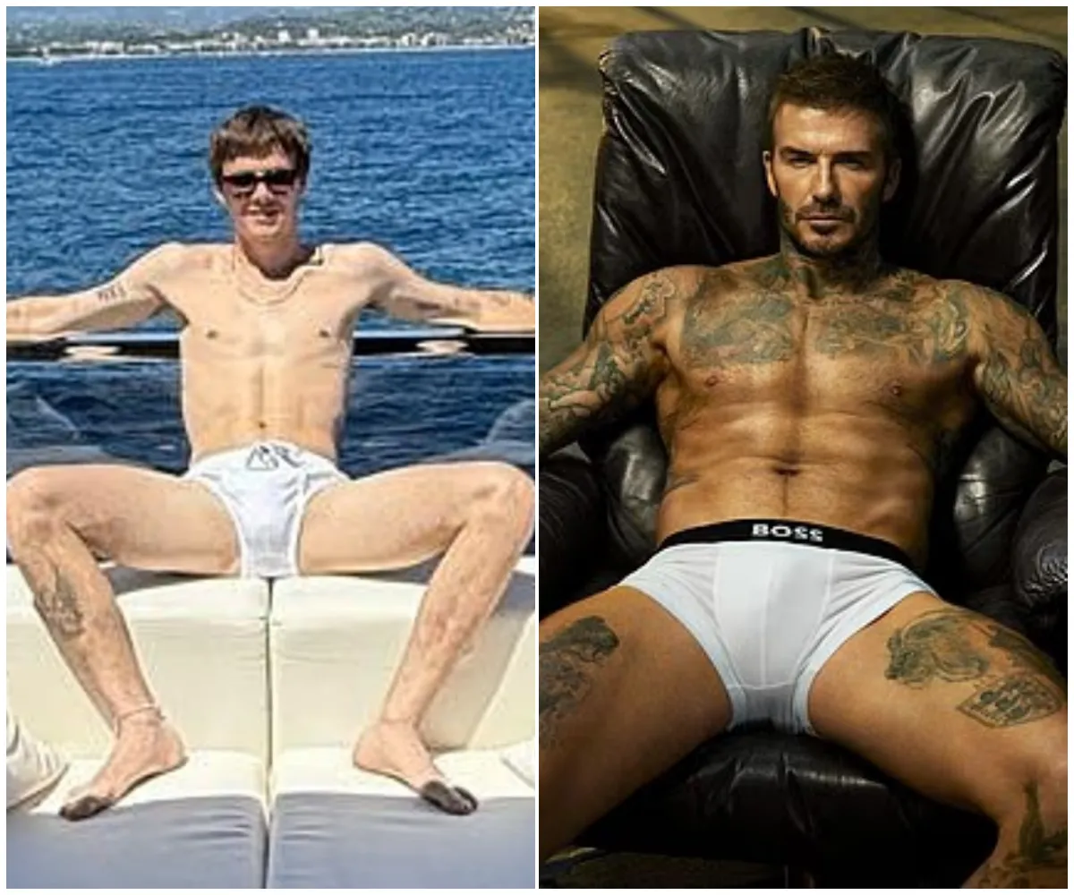 ‘Spreadin em’… again?!’ — Cruz Beckham, 20, sparks chaos as he hilariously mimics dad David’s iconic underwear shoot in £410 white Prada Speedos during lavish yacht holiday — while brother Romeo savagely trolls him with one brutal word - suong