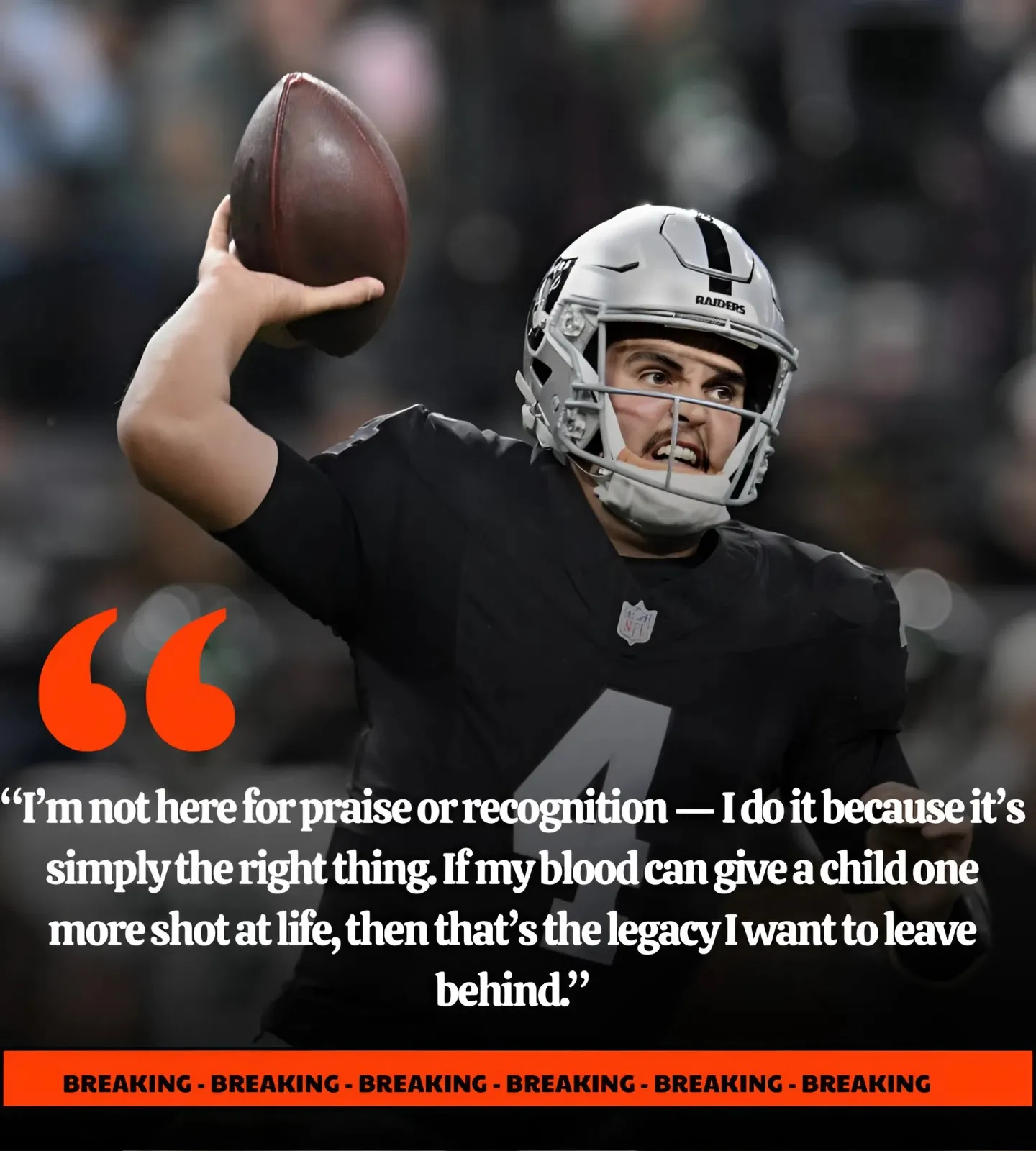 Las Vegas Raiders’ QB Aidan O’Connell quietly donates blood nearly 100 times in 5 years to save children with cancer — a rare blood type, a rarer heart.