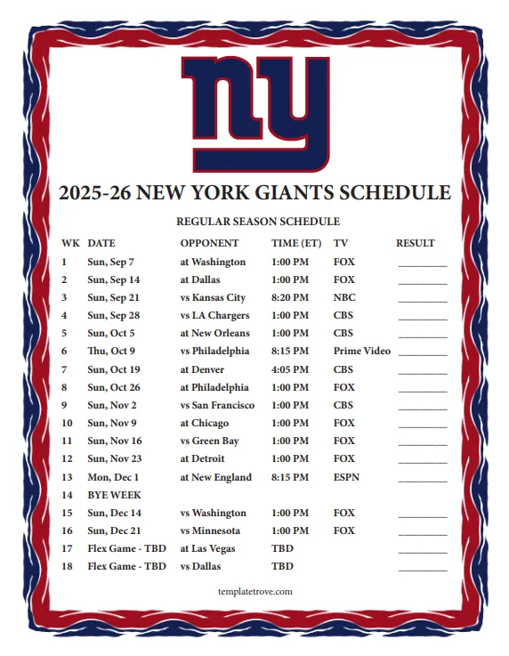 New York Giants 2025-26 Schedule Unveiled: Key Matchups and Season Highlights
