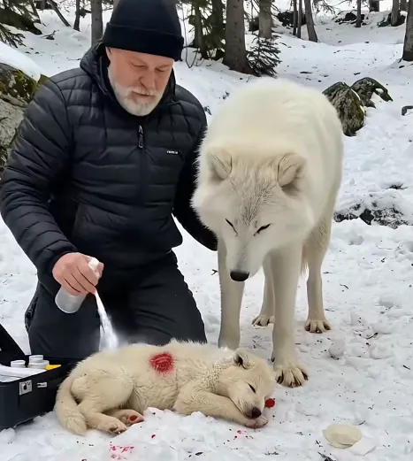 Heartwarming: Mother Snow Wolf Saves Her Cubs with the Help of an Elderly Companion!