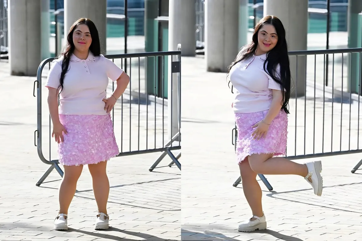 Ellie Goldstein, 23, smiles as she steps out after being the first star with Down syndrome to be cast on Strictly Come Dancing after making waves modelling for Vogue and launching a Barbie doll liennhi