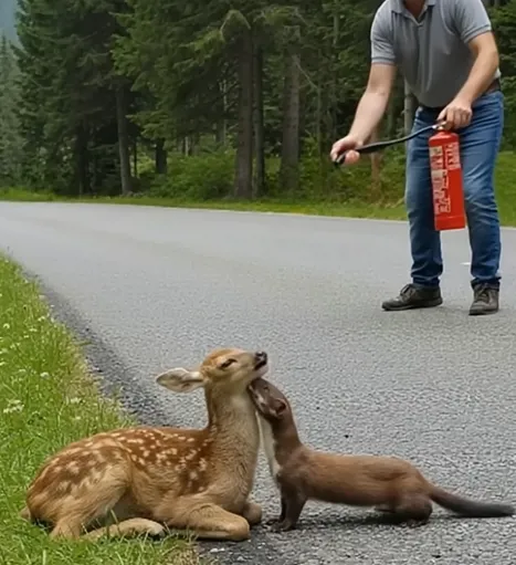 Unbelievable moment as a kind man saves a baby deer from the clutches of a weasel