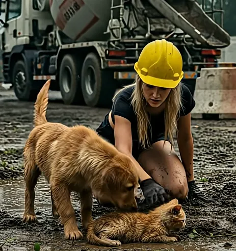 Heroic golden retriever and woman save a cat in a heartwarming rescue