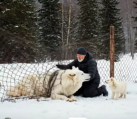 Tiny snow-white wolf pup helps rescue team save his mother in a daring rescue
