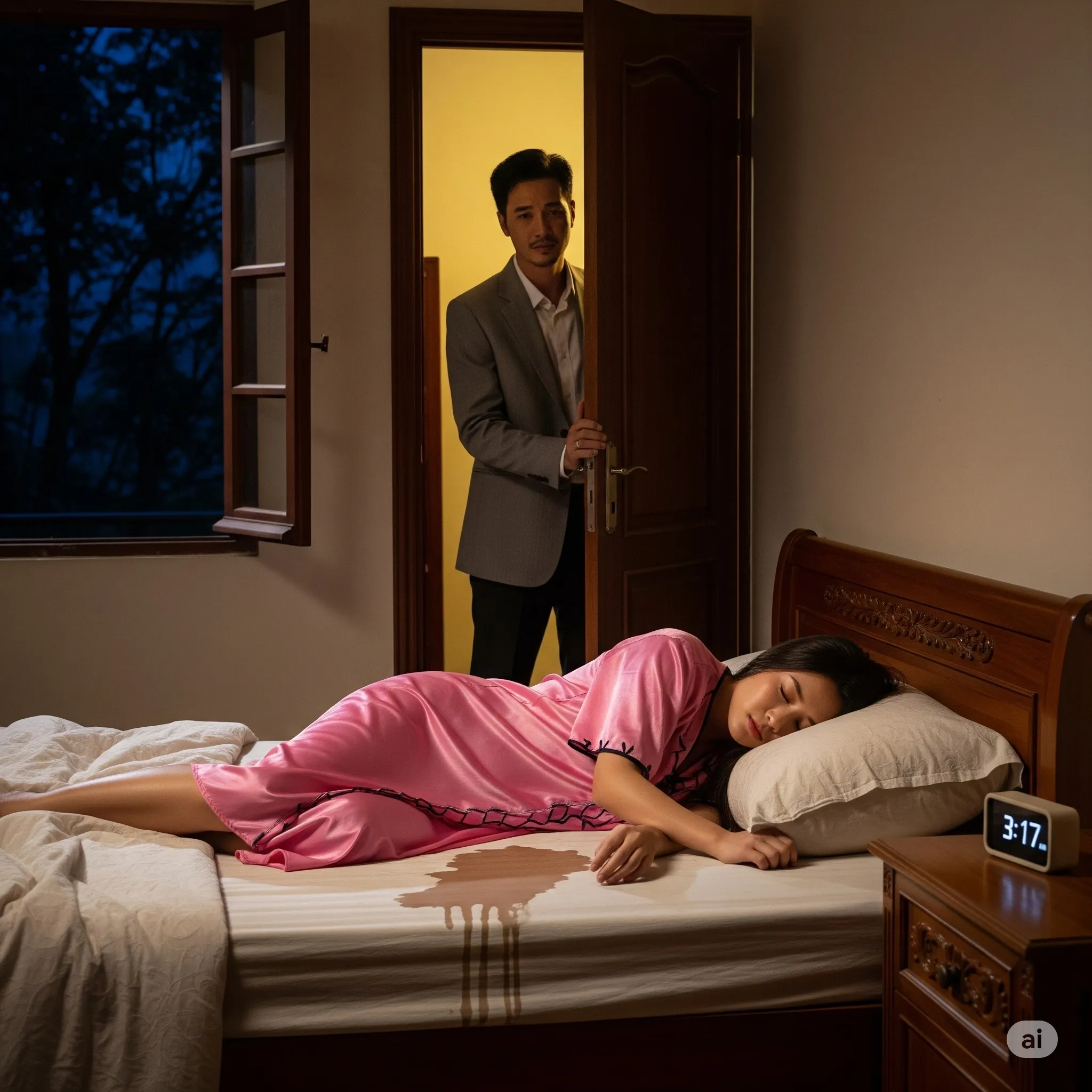 Vợ tôi nằm nghiêng, quay lưng ra cửa, trên người cô ấy là chiếc váy màu hồng phấn, quen thuộc, nhưng… bị ..