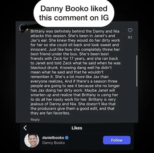 Danny Booko “Likes” Post Accusing Brittany Cartwright of Orchestrating The Valley Season 2 Attacks, Suggesting She’s Just Like Jax & Had Janet Do Her Dirty Work