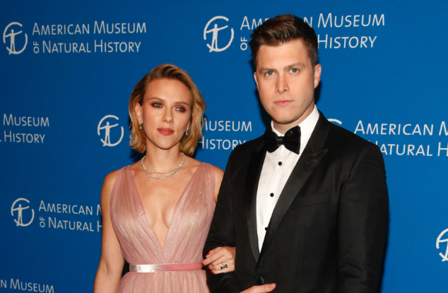 Scarlett Johansson flashes her back tattoo in plunging gown at red carpet event with comedian husband Colin Jost